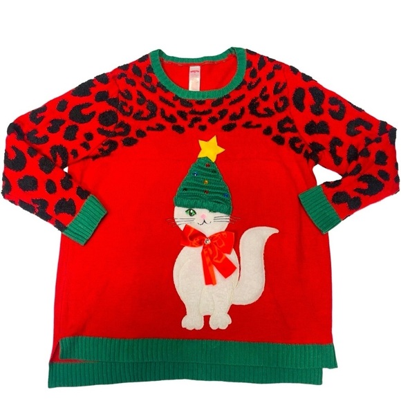 Ugly Christmas Sweater 3D Cat Bow Funny Tree Hat Size 1X - Picture 1 of 7